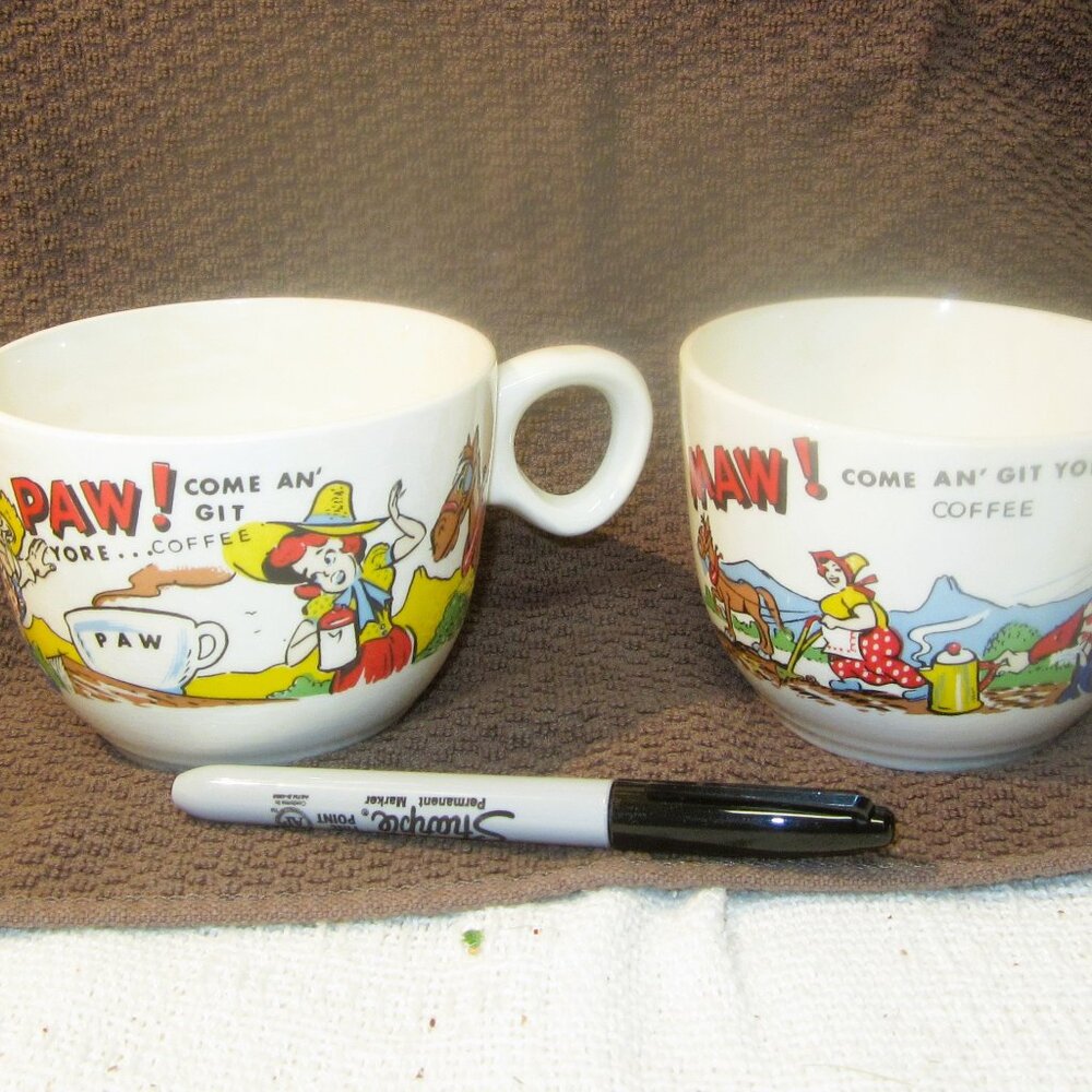 VTG MAW & PAW COFFEE MUGS, HILLBILLY FUNNY, NOVELTY MUGS